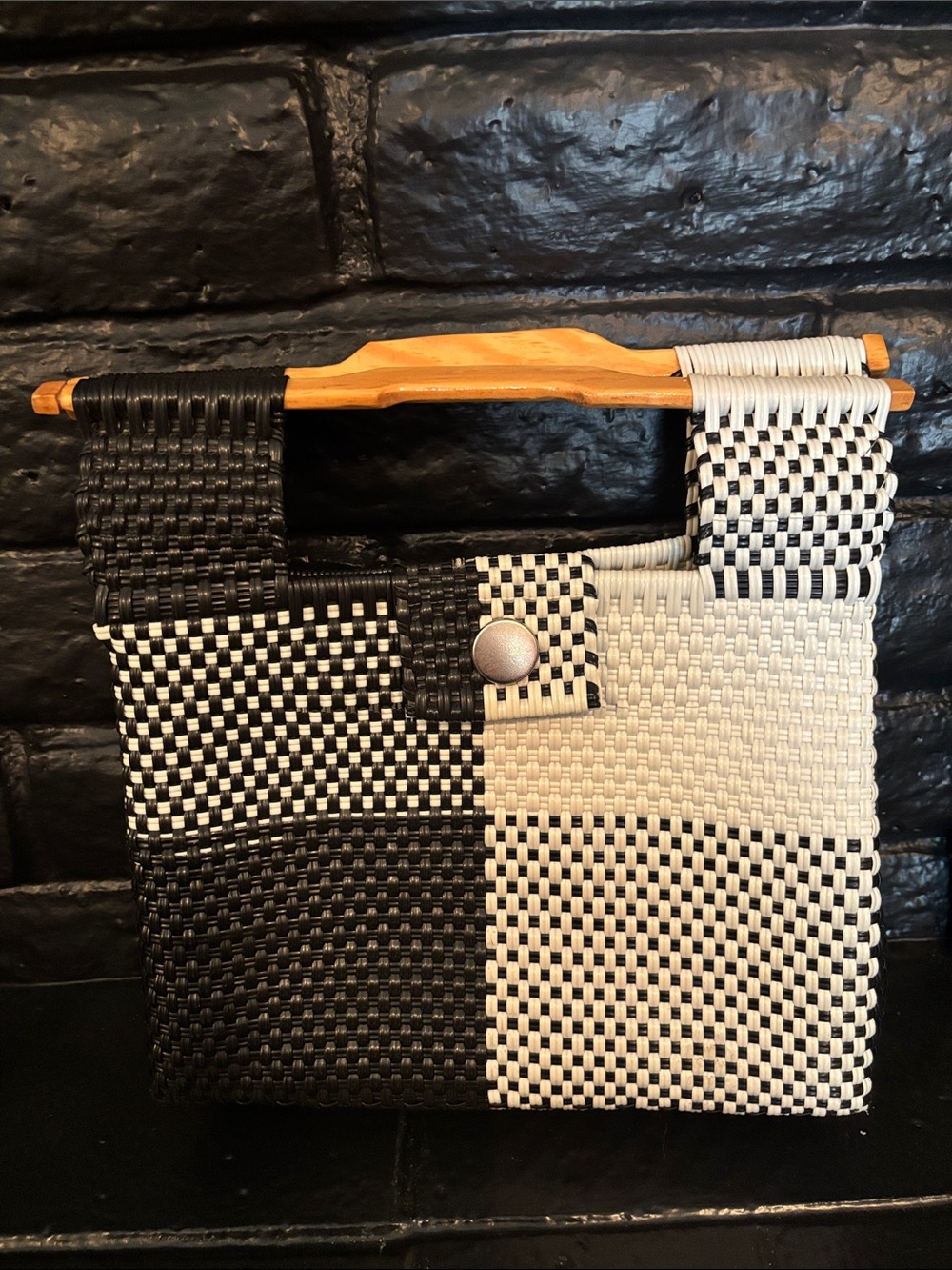 Woven Black and White Bag with Wooden Top Handle